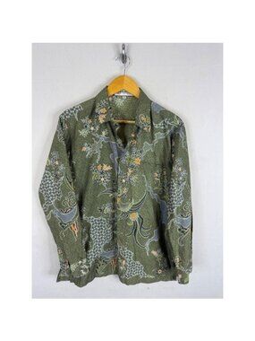 Batik Keris Mens Long Sleeve Button Up Shirt Olive Green Cotton Print Size 16